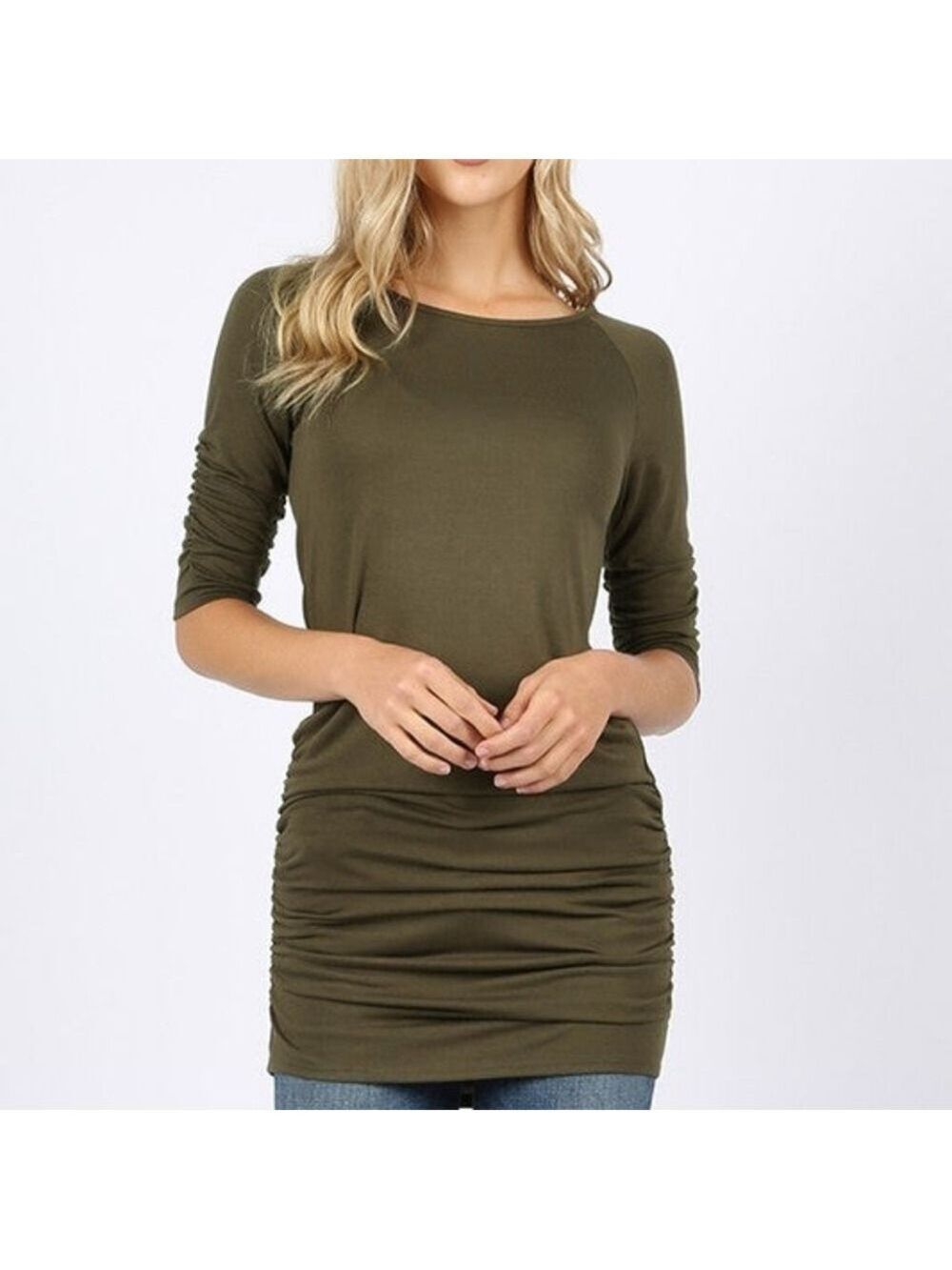 ZENANA Army Green Top 3/4 Sleeve With Side Rouching Detail Size Small NWT